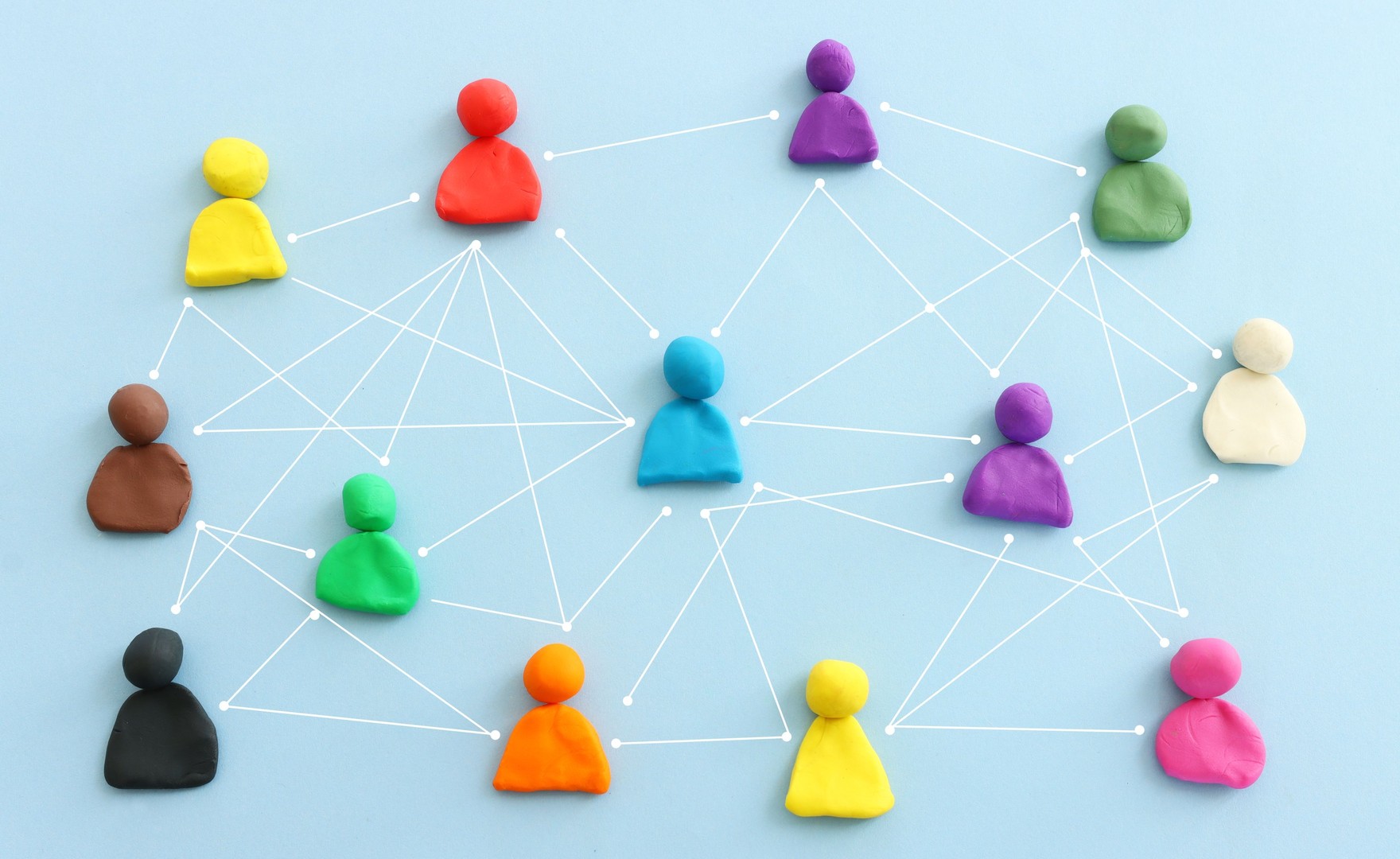 Colorful figures connected over blue background, HR concept