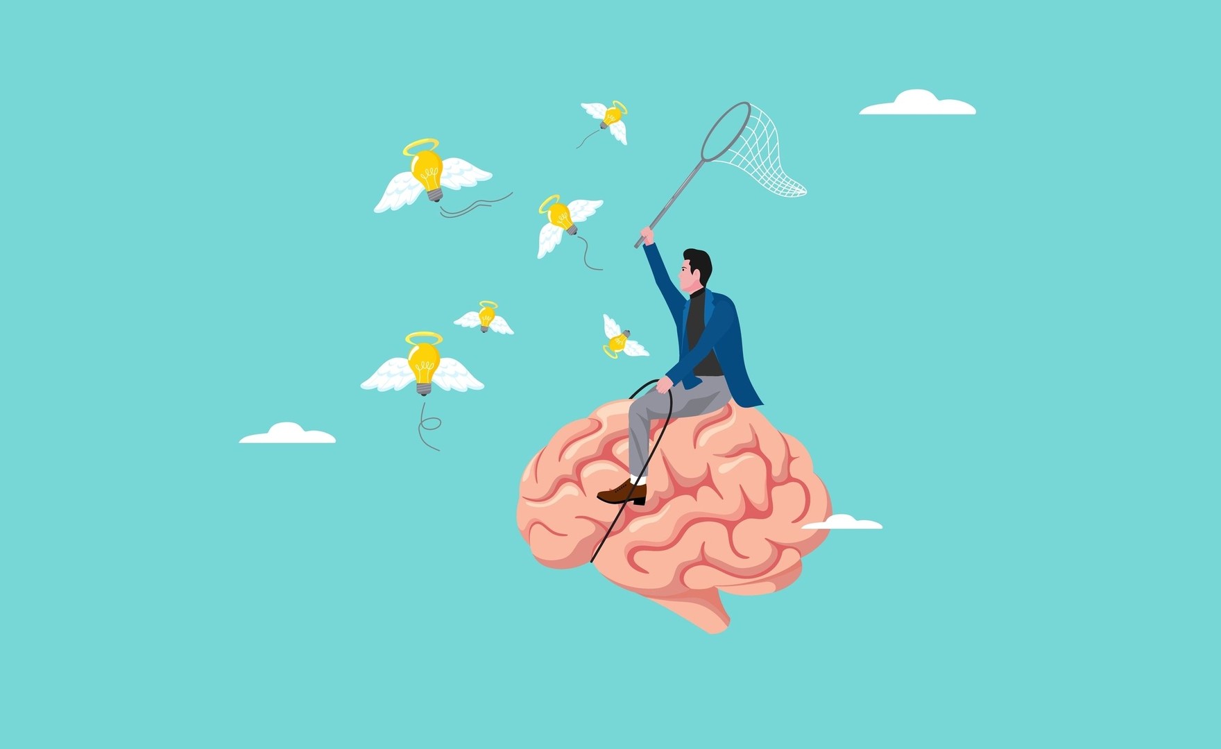 Man riding brain, catching lightbulb with net.