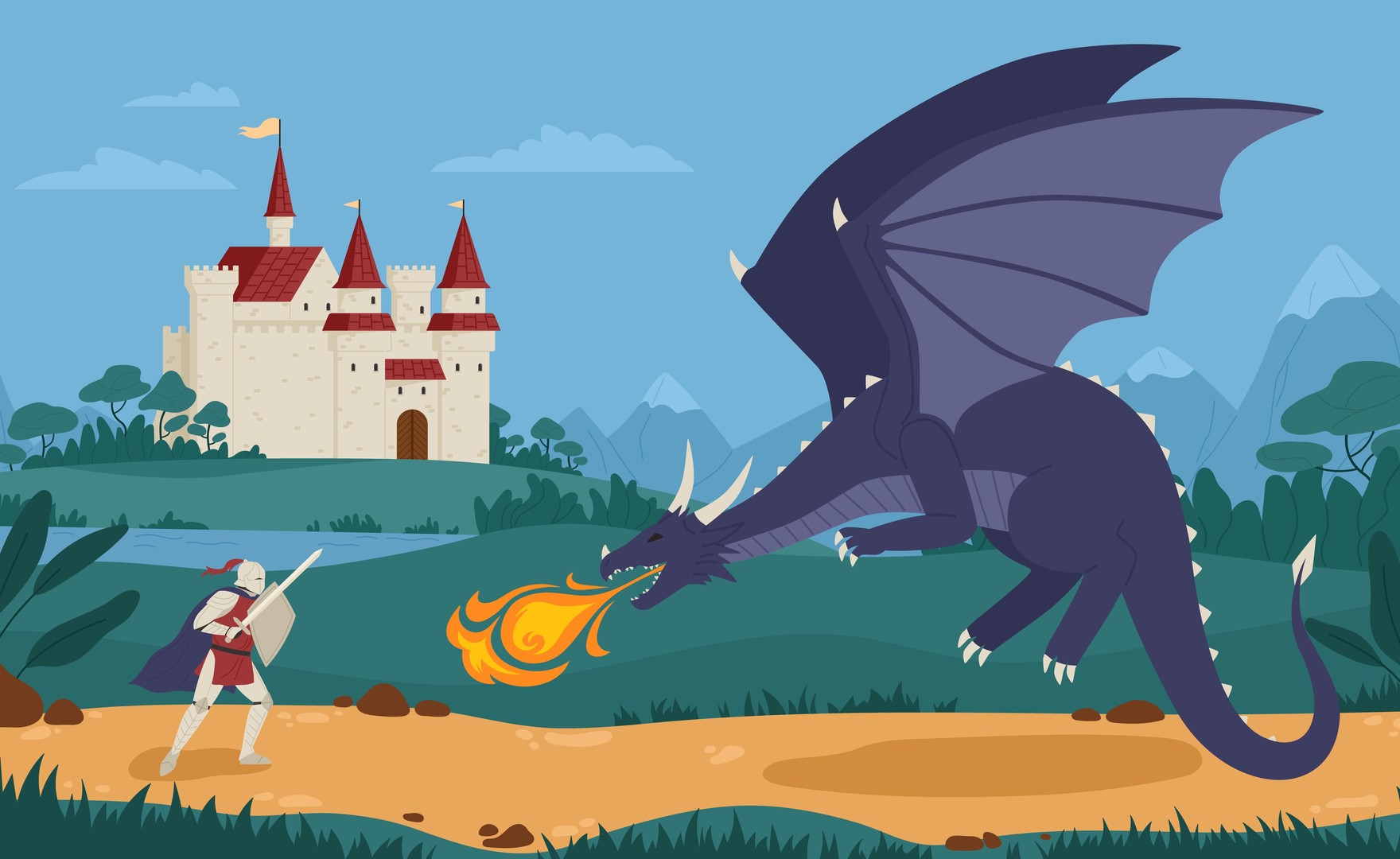 Illustration of knight or swordsman fighting with dragon