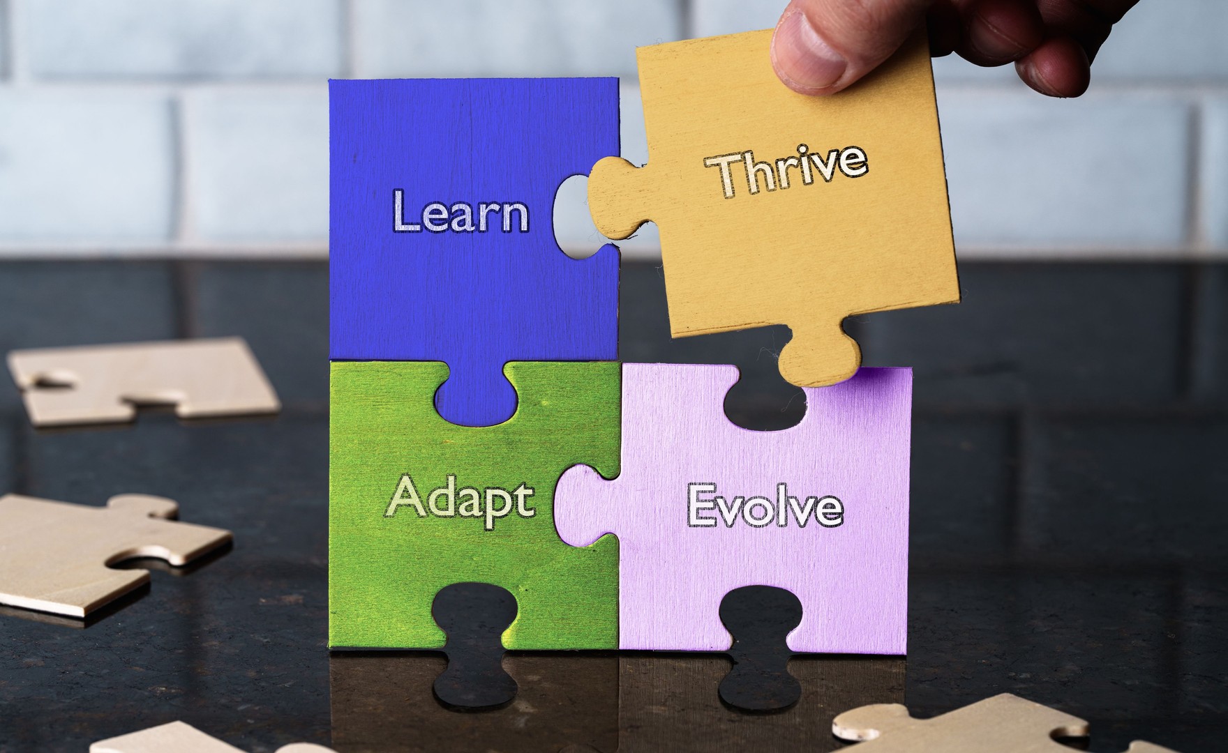Visual of wooden puzzle pieces - learn, thrive, adapt & evolve