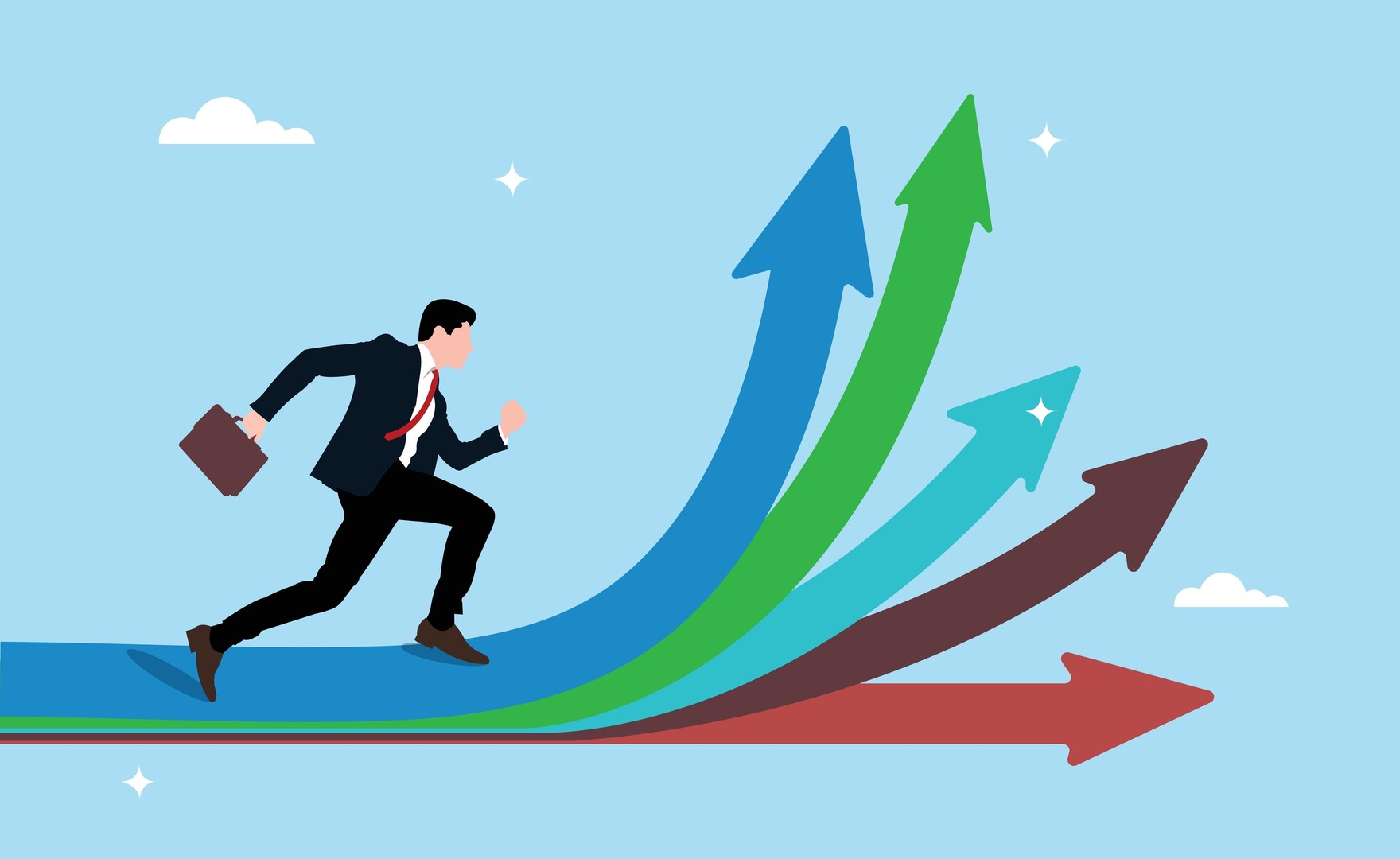 Businessman running towards different indicated paths.