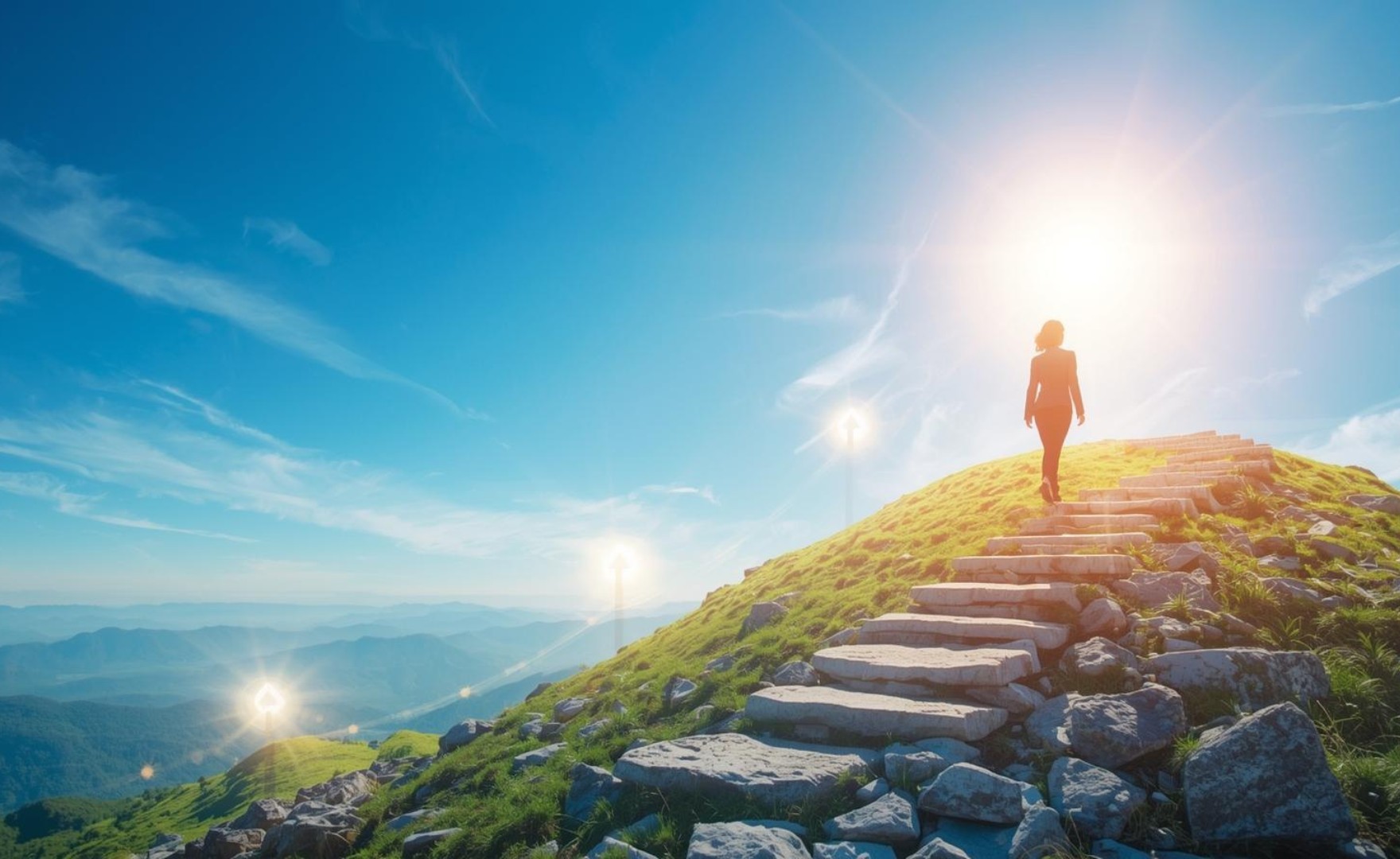 Illustration of person climbing sunlit mountain steps