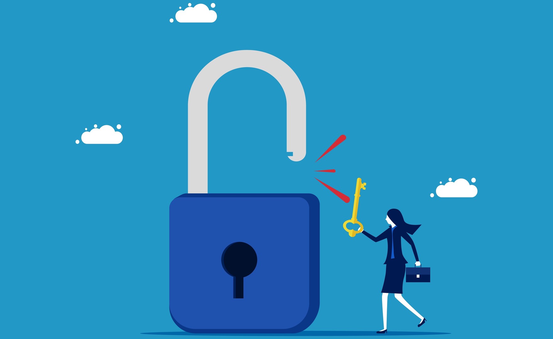 Illustration of businesswoman holding key to unlock padlock