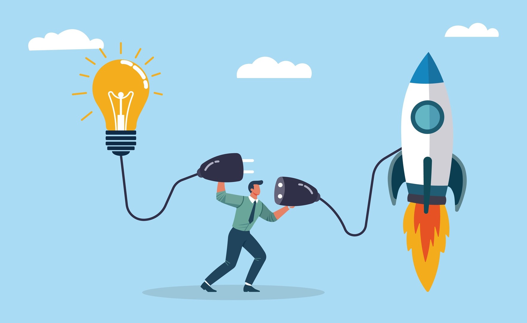 Illustration of man connecting a light bulb to a rocket